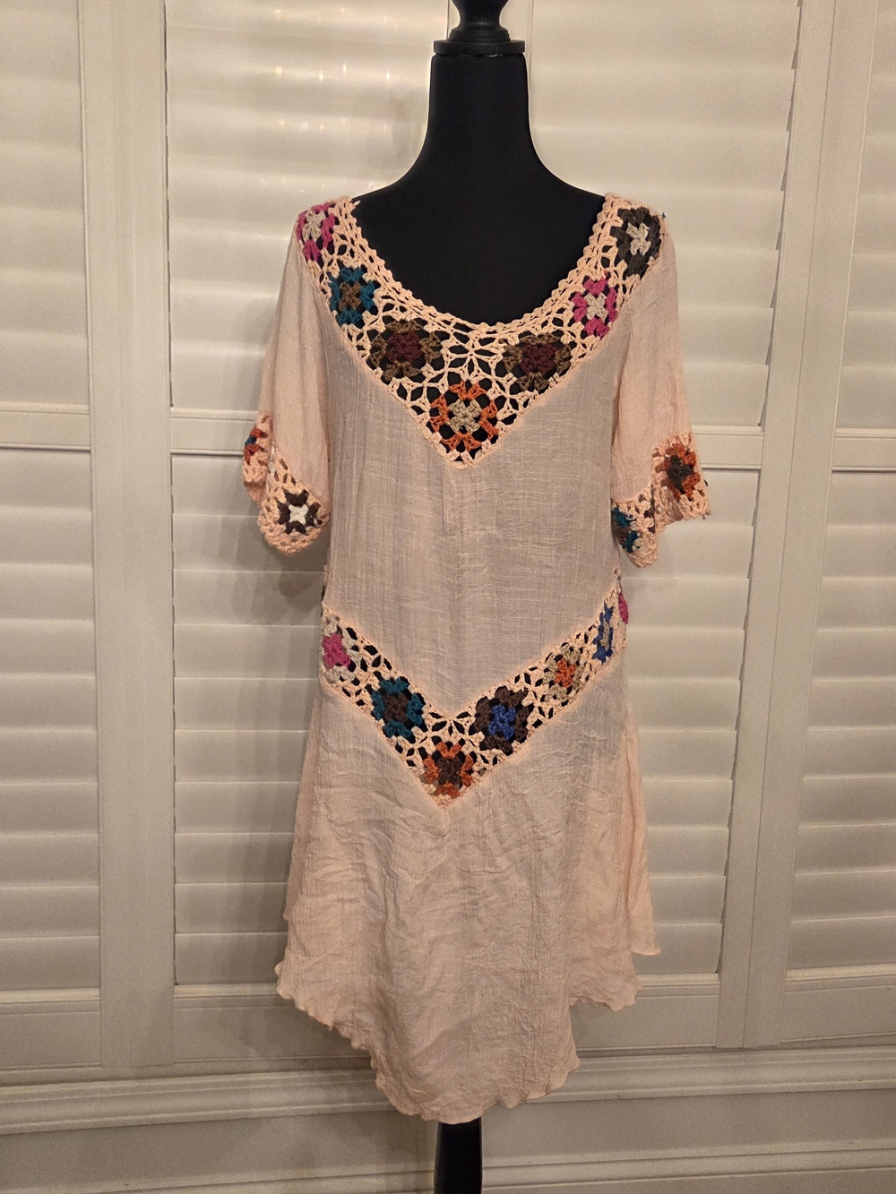 Crocheted Boho Peach Tunic Beach Cover Up with Multicolor Floral Insets